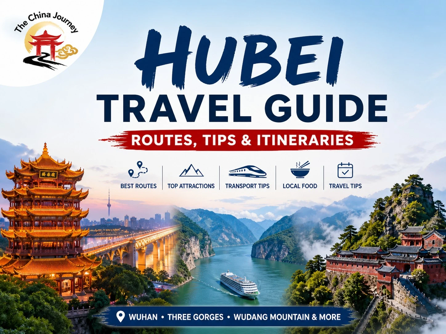 Infografica della guida di viaggio dell'Hubei, Wuhan, Tre Gole, Wudang, itinerari, consigli, mappa, panoramica, pianificazione del viaggio in Cina