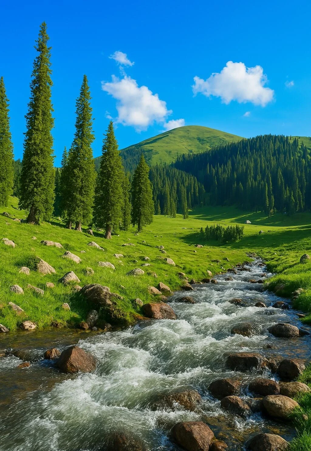 İli Vadisi Yaz Manzarası – kuzey Xinjiang'da yemyeşil çayırlar ve uzun ladin ormanları arasından akan dağ deresi - Xinjiang Seyahat Rehberi: En İyi Rotalar ve Yerler 2026 - Çin Yolculuğu İli Vadisi Yaz Manzarası – kuzey Xinjiang'da yemyeşil çayırlar ve uzun ladin ormanları arasından akan dağ deresi - Xinjiang Seyahat Rehberi: En İyi Rotalar ve Yerler 2026 - Çin Yolculuğu