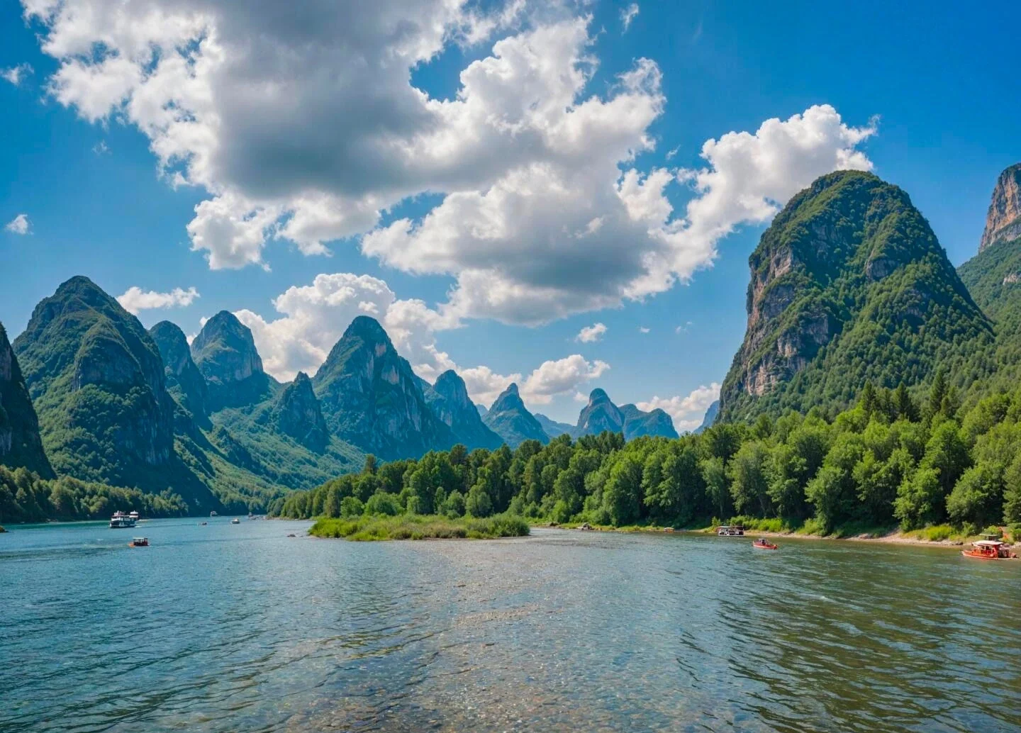 Li Nehri tekne gezisi manzarası; Guilin'de etkileyici karst dağlarıyla çevrili kıvrımlı nehirde ilerleyen tekneler - Guangxi Seyahat Rehberi: En İyi Rotalar, İpuçları ve Gezi Planları 2026 - The China Journey Li Nehri tekne gezisi manzarası; Guilin'de etkileyici karst dağlarıyla çevrili kıvrımlı nehirde ilerleyen tekneler - Guangxi Seyahat Rehberi: En İyi Rotalar, İpuçları ve Gezi Planları 2026 - The China Journey