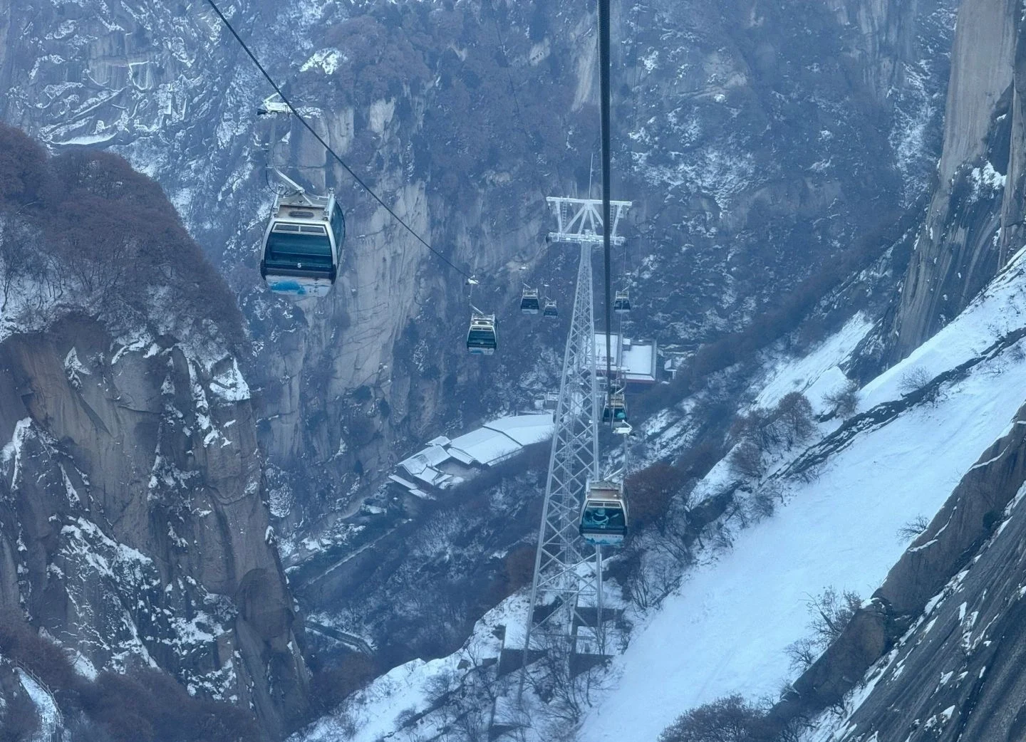 Mount Huashan North Peak Cable Car – gondola lift crossing snowy granite cliffs and steep winter mountain valley - Mount Huashan Travel Guide: Best Routes, Tips & Day Trip 2026 - The China Journey Mount Huashan North Peak Cable Car – gondola lift crossing snowy granite cliffs and steep winter mountain valley - Mount Huashan Travel Guide: Best Routes, Tips & Day Trip 2026 - The China Journey