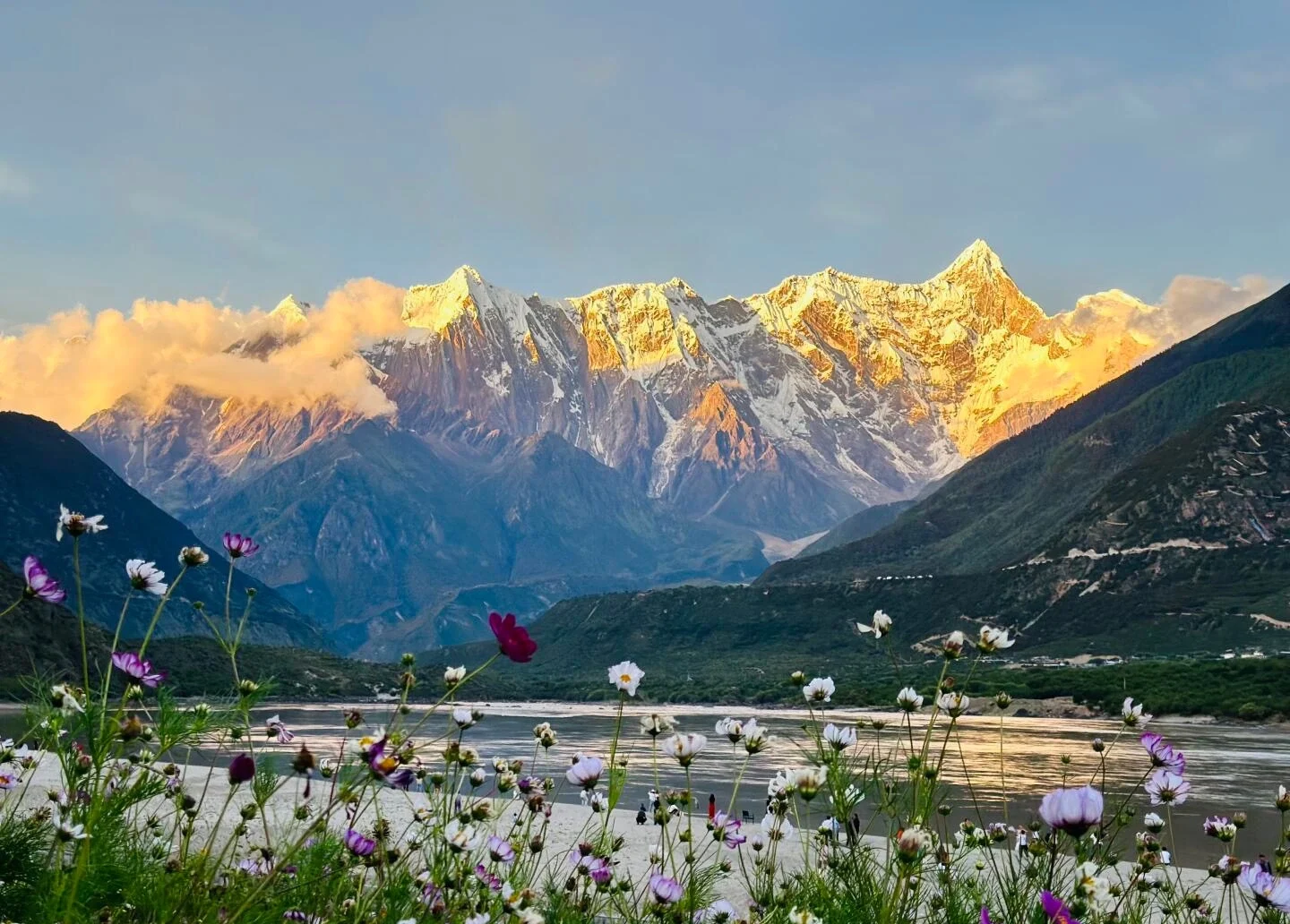 Pemandangan matahari terbit Puncak Namjagbarwa – cahaya keemasan menerangi gunung bersalji di atas lembah sungai dan bunga liar - Panduan Perjalanan Yunnan: Laluan & Tempat Terbaik 2026 - The China Journey Pemandangan matahari terbit Puncak Namjagbarwa – cahaya keemasan menerangi gunung bersalji di atas lembah sungai dan bunga liar - Panduan Perjalanan Yunnan: Laluan & Tempat Terbaik 2026 - The China Journey