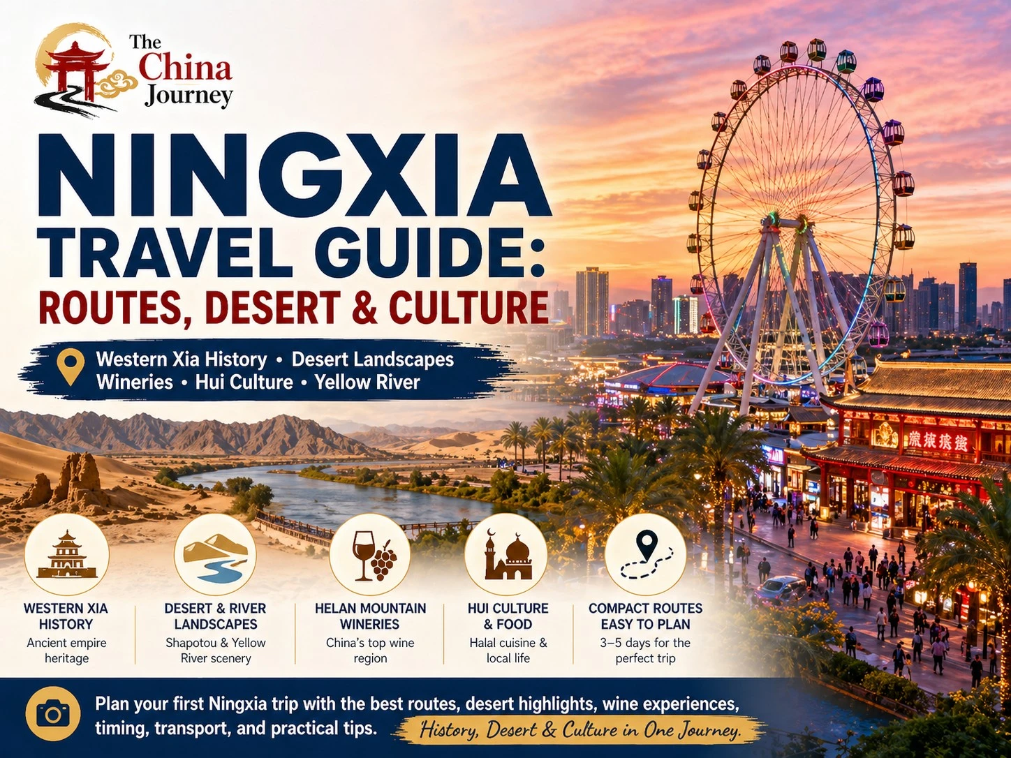 Der Reiseführer für Ningxia behandelt unter anderem den Sonnenuntergang in der Yinchuan-Wüste, die Weingüter am Gelben Fluss und die Hui-Kultur.