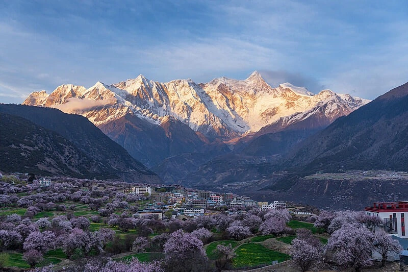 Valle de los melocotoneros en flor de Nyingchi en primavera, con árboles florecidos, montañas nevadas y un pueblo tibetano - Guía de viaje al Tíbet: mejores rutas, consejos e itinerarios 2026 - The China Journey Valle de los melocotoneros en flor de Nyingchi en primavera, con árboles florecidos, montañas nevadas y un pueblo tibetano - Guía de viaje al Tíbet: mejores rutas, consejos e itinerarios 2026 - The China Journey