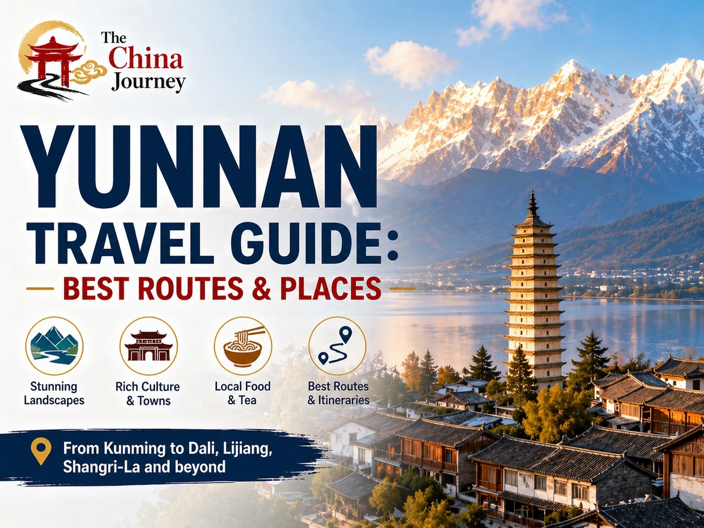 Immagine di copertina della guida turistica dello Yunnan che mostra le pagode di Dali e la montagna innevata del Drago di Giada.