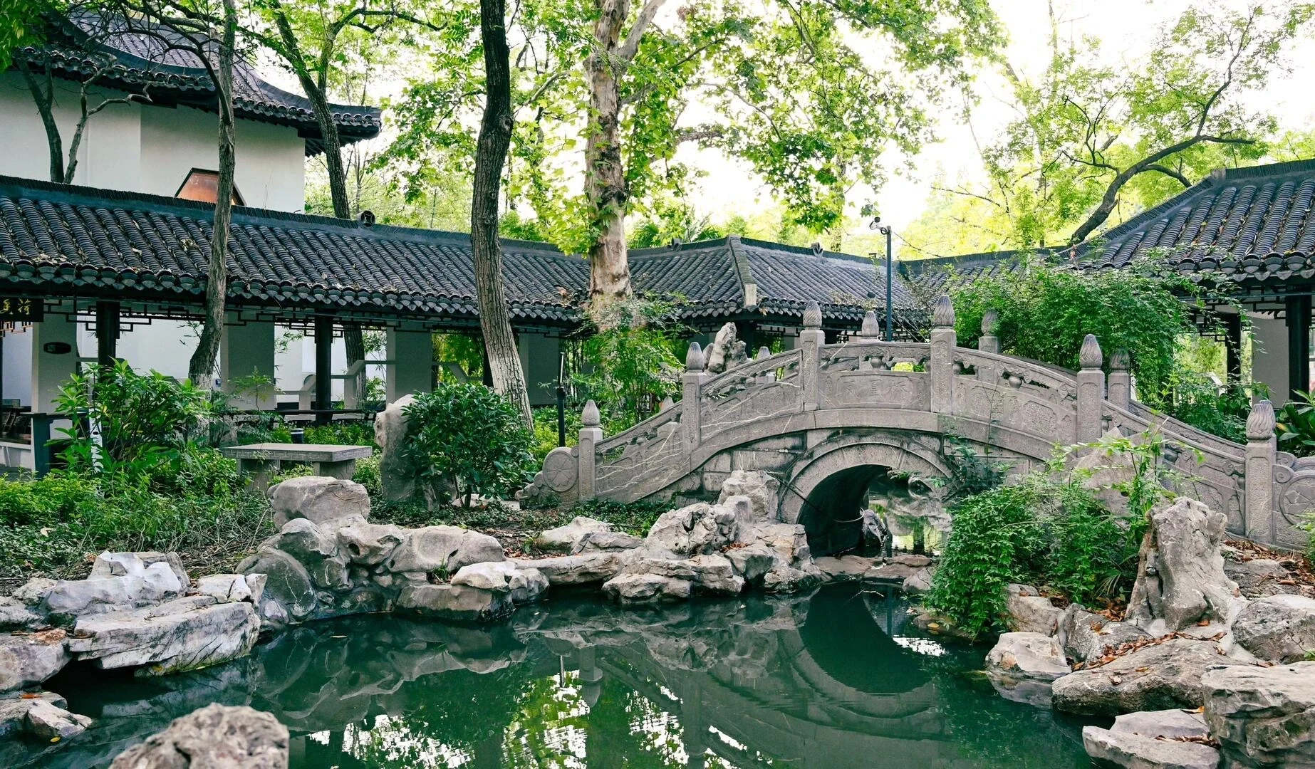 Jardin chinois classique avec pont de pierre et étang entouré de verdure estivale au parc Bao Gong de Hefei - Guide de voyage de Hefei : visites, gastronomie et conseils 2026 - The China Journey Jardin chinois classique avec pont de pierre et étang entouré de verdure estivale au parc Bao Gong de Hefei - Guide de voyage de Hefei : visites, gastronomie et conseils 2026 - The China Journey