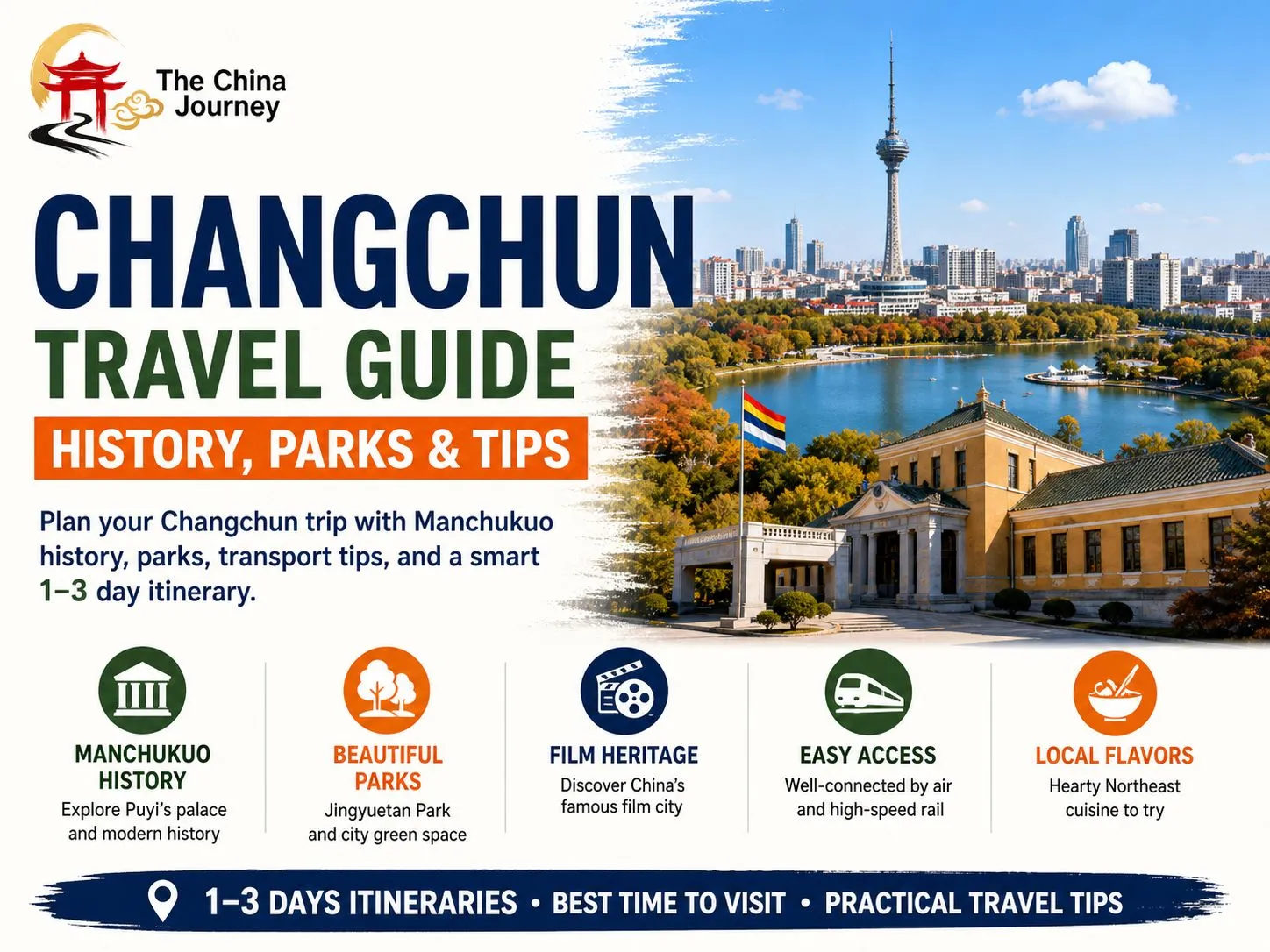 Sampul buku panduan wisata Changchun berisi sejarah Manchukuo, taman kota, warisan film, dan tips transportasi.