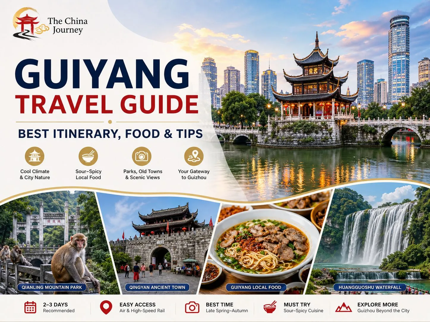 Copertina della guida turistica di Guiyang con il padiglione Jiaxiu, il cibo locale del parco Qianling e la cascata Huangguoshu.