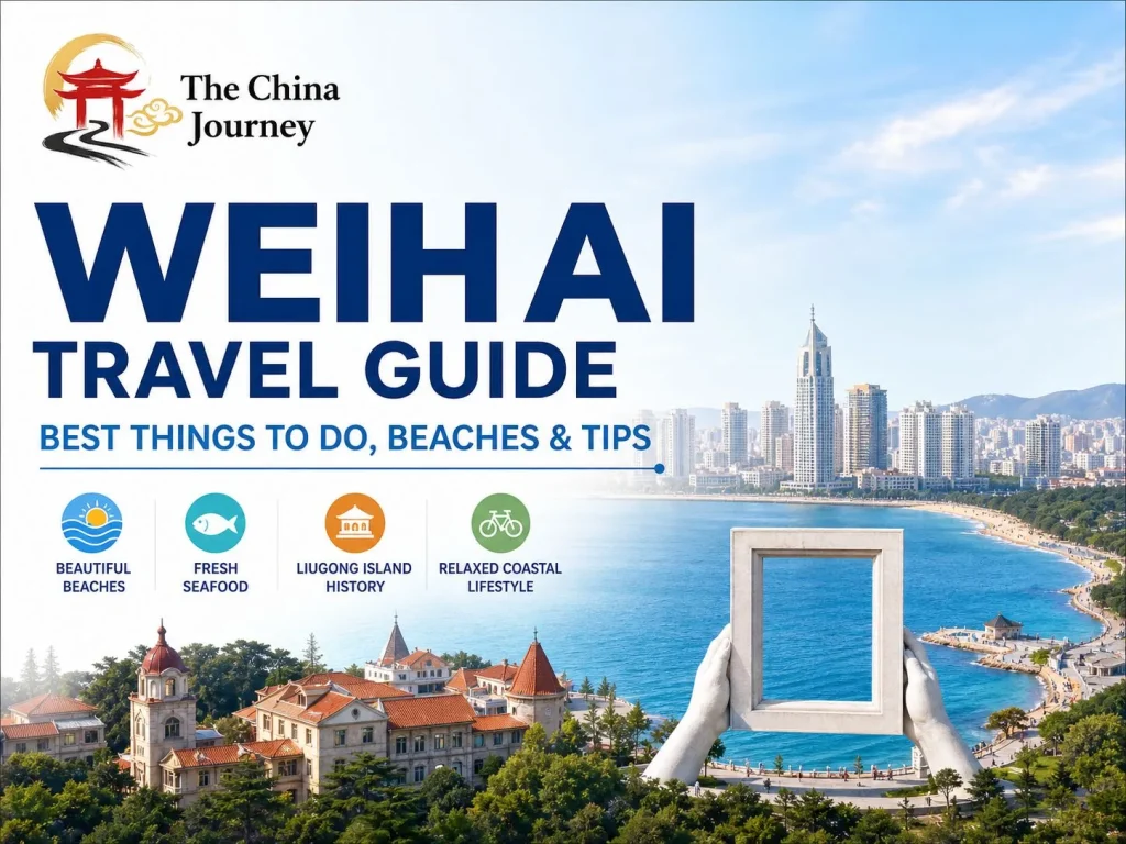 Weihai travel guide cover with beaches seafood coastal skyline and The China Journey logo