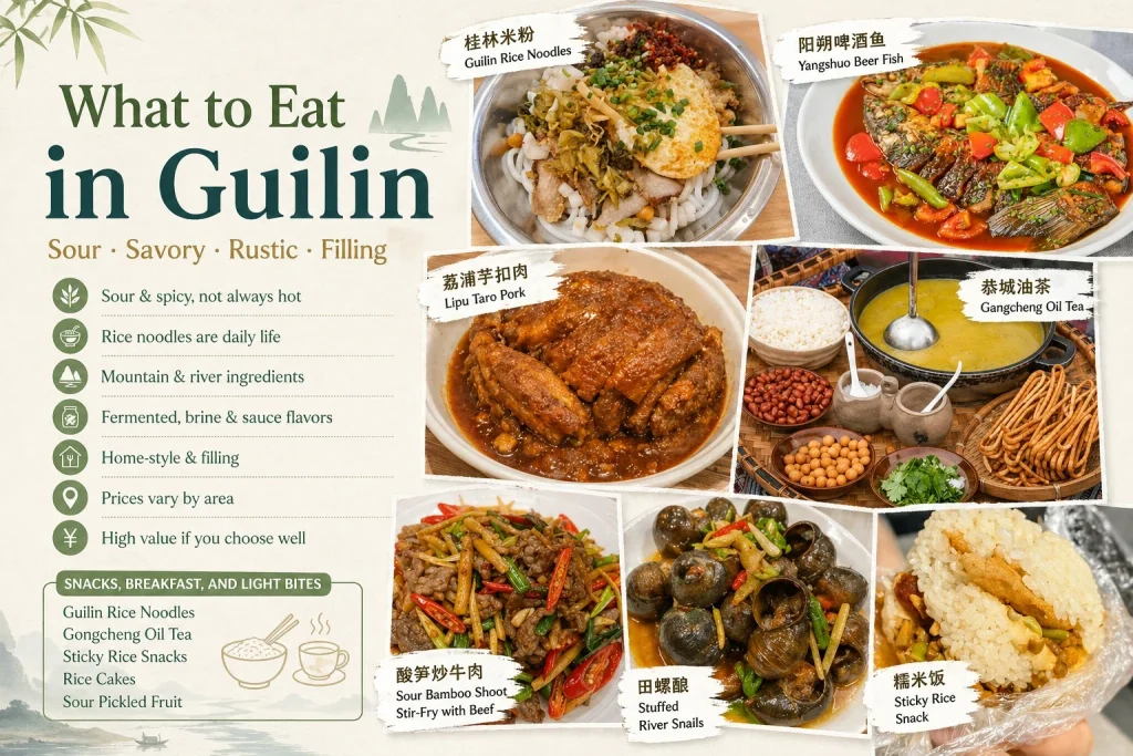 What to Eat in Guilin food guide cover rice noodles beer fish taro pork oil tea snails and local snacks infographic