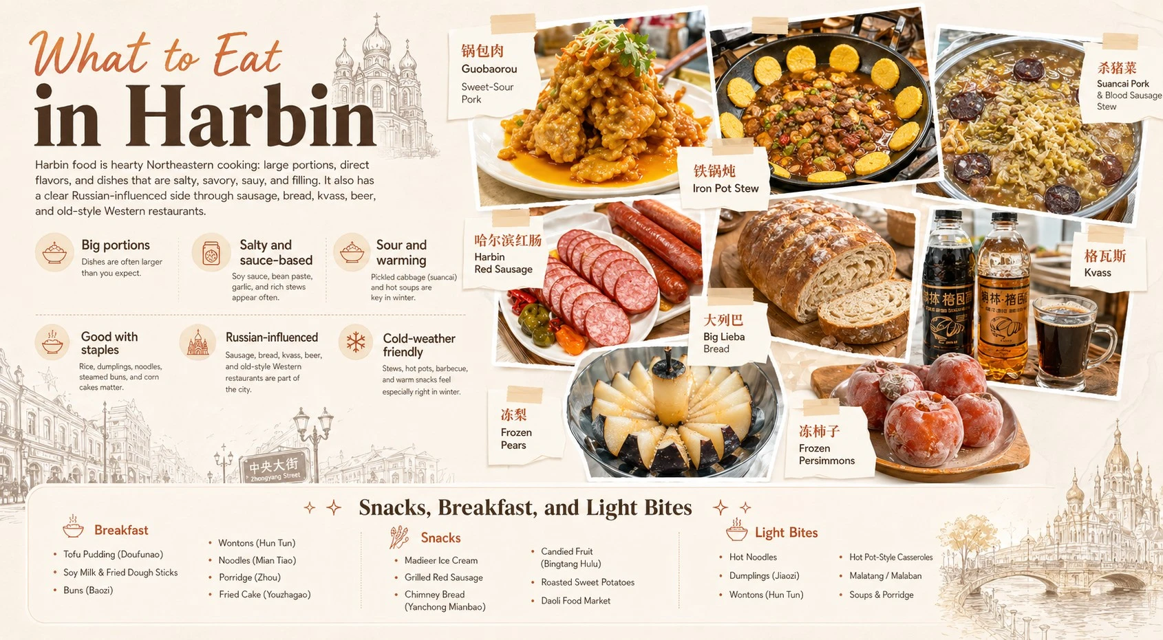 Wat te eten in Harbin (infographic) Guobaorou (stoofpot in een ijzeren pot), rode worst, lieba-brood, kvass (bevroren fruit) collage