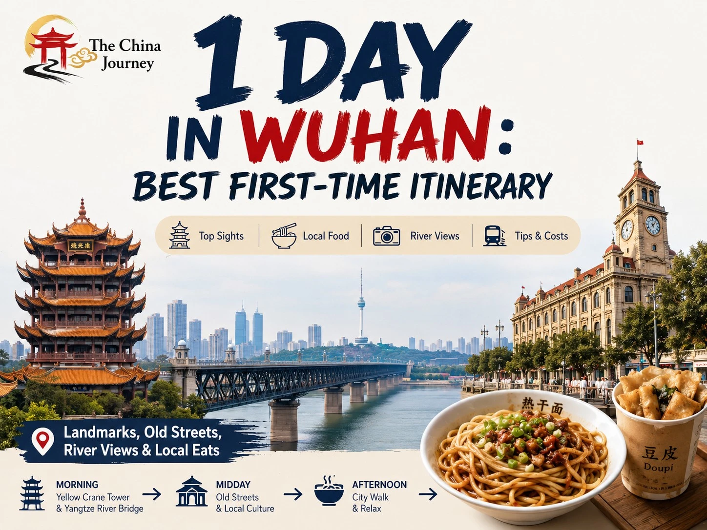 1-Tages-Reiseroute in Wuhan beinhaltet Besichtigung des Gelben Kranichturms, der Jangtse-Brücke, der Straßen von Hankou, Flussblick und lokale Küche