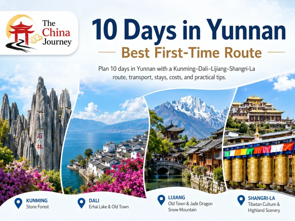 10 Days in Yunnan itinerary cover featuring Kunming Dali Lijiang Shangri La Stone Forest Erhai Lake and Jade Dragon Snow Mountain - 10 Days in Yunnan: Best First-Time Route 2026 - The China Journey - Chinese Calligraphy 2026 - The China Journey 10 Days in Yunnan itinerary cover featuring Kunming Dali Lijiang Shangri La Stone Forest Erhai Lake and Jade Dragon Snow Mountain - 10 Days in Yunnan: Best First-Time Route 2026 - The China Journey - Chinese Calligraphy 2026 - The China Journey