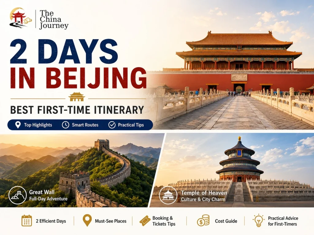 2 Days in Beijing itinerary cover featuring the Forbidden City Great Wall Temple of Heaven bookin