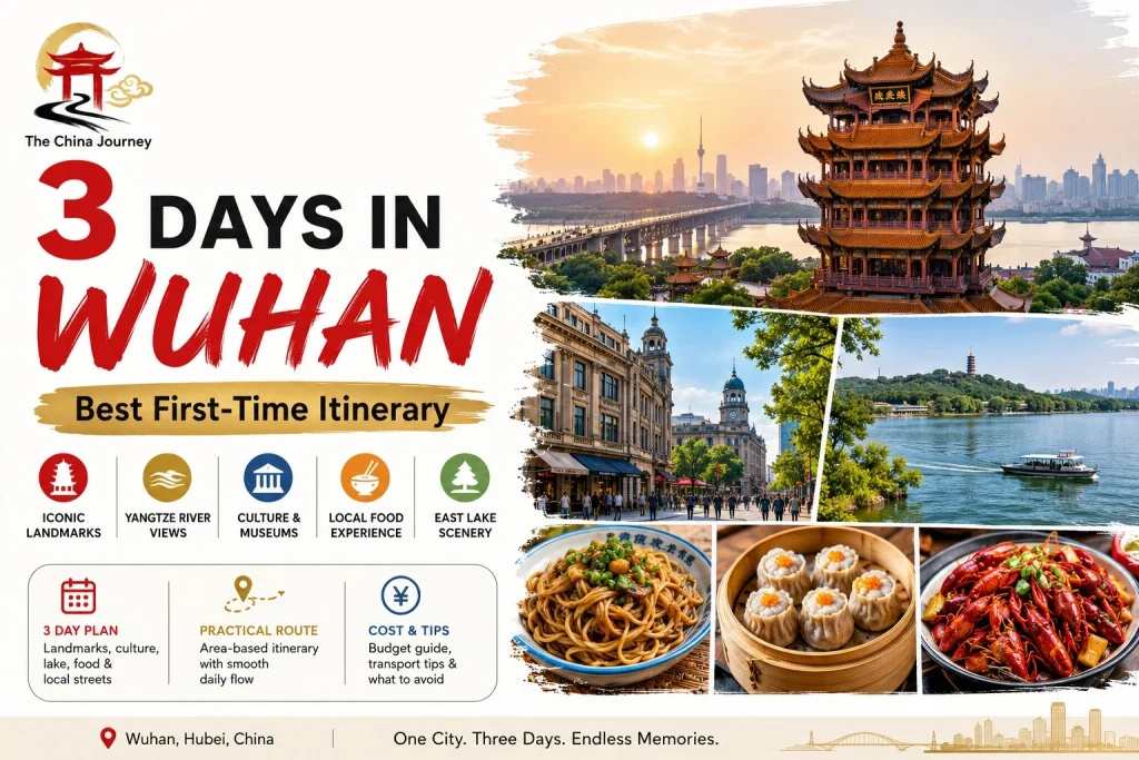 3 Days in Wuhan itinerary cover featuring Yellow Crane Tower Yangtze River views East Lake Hankou