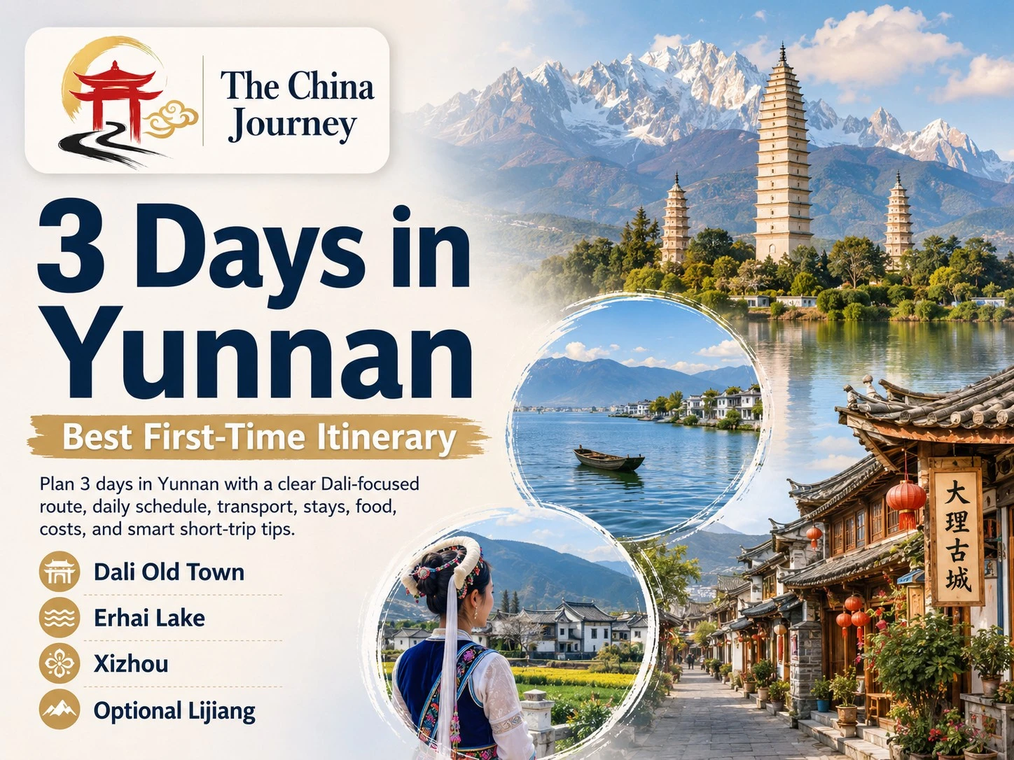 Cobertura del itinerario de 3 días en Yunnan que incluye el casco antiguo de Dali, el lago Erhai Xizhou y Lijiang opcional