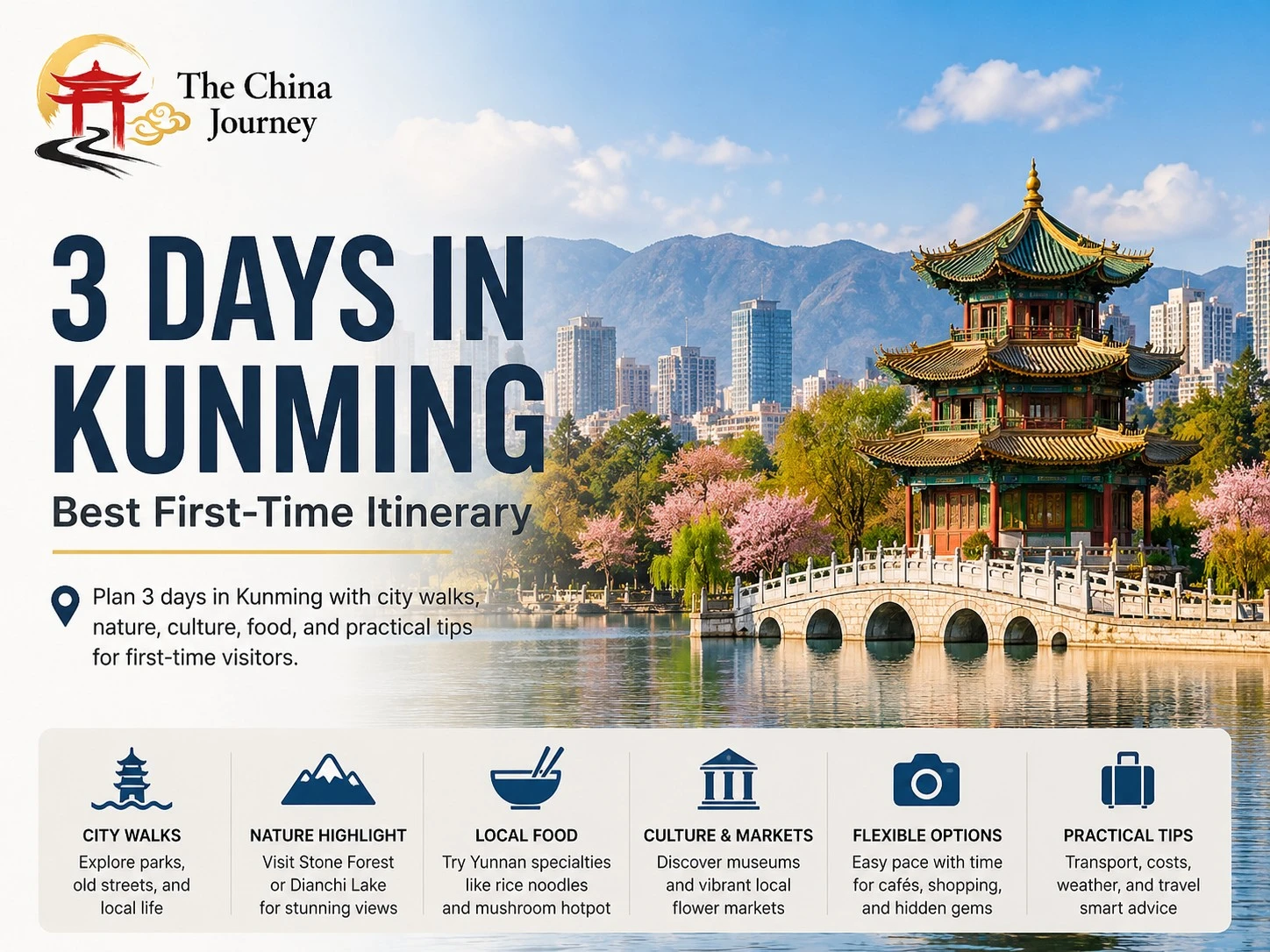 Rancangan perjalanan 3 hari di Kunming dengan latar langit bandar Green Lake yang menonjolkan alam semula jadi dan makanan tempatan
