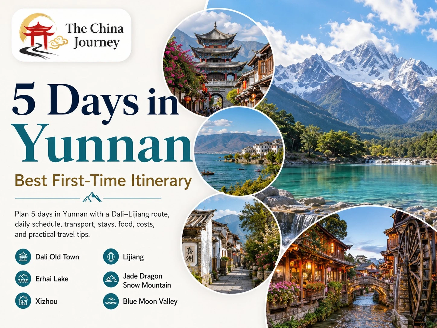 Cubierta del itinerario de 5 días en Yunnan que incluye Dali Lijiang Erhai Lake Jade Dragon Snow Mountain y Blue Moon Valley