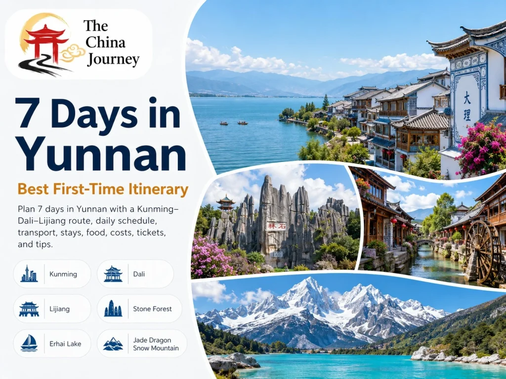 7 Days in Yunnan itinerary cover featuring Kunming Dali Lijiang Stone Forest Erhai Lake and Jade Dragon Snow Mountain