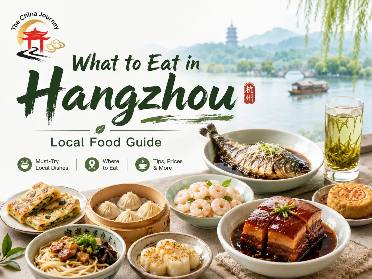 Kulit panduan makanan tempatan Hangzhou yang menampilkan mi udang Longjing babi Dongpo dan pemandangan Tasik Barat
