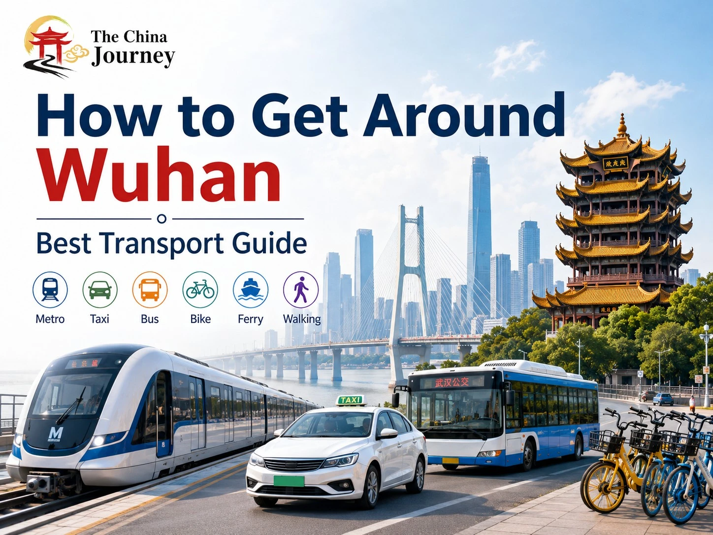 How to get around Wuhan cover with metro taxi bus bike ferry walking skyline and Yellow Crane
