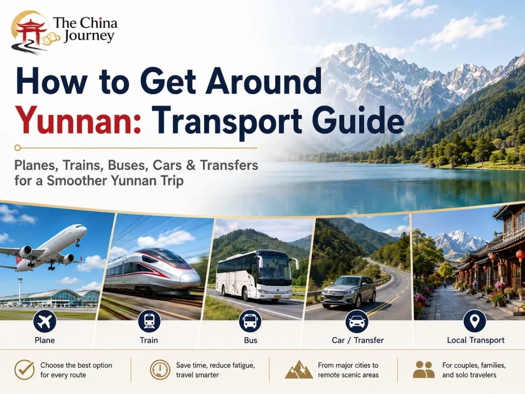 How to get around Yunnan transport guide cover showing trains planes buses cars and local transfers