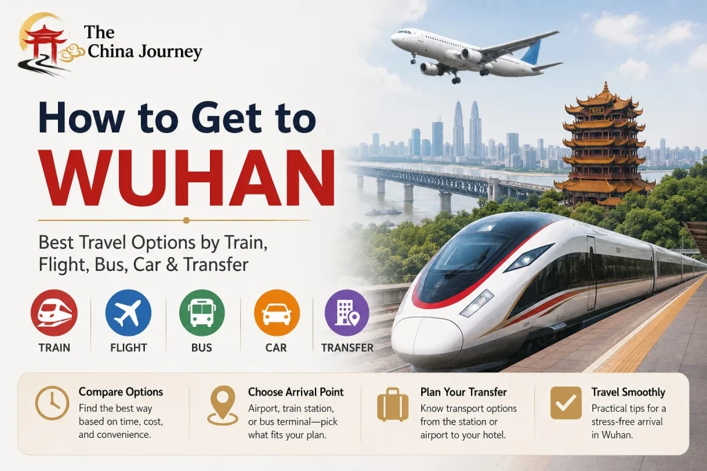 How to get to Wuhan cover showing high speed train flight bus car skyline Yellow Crane Tower and travel options