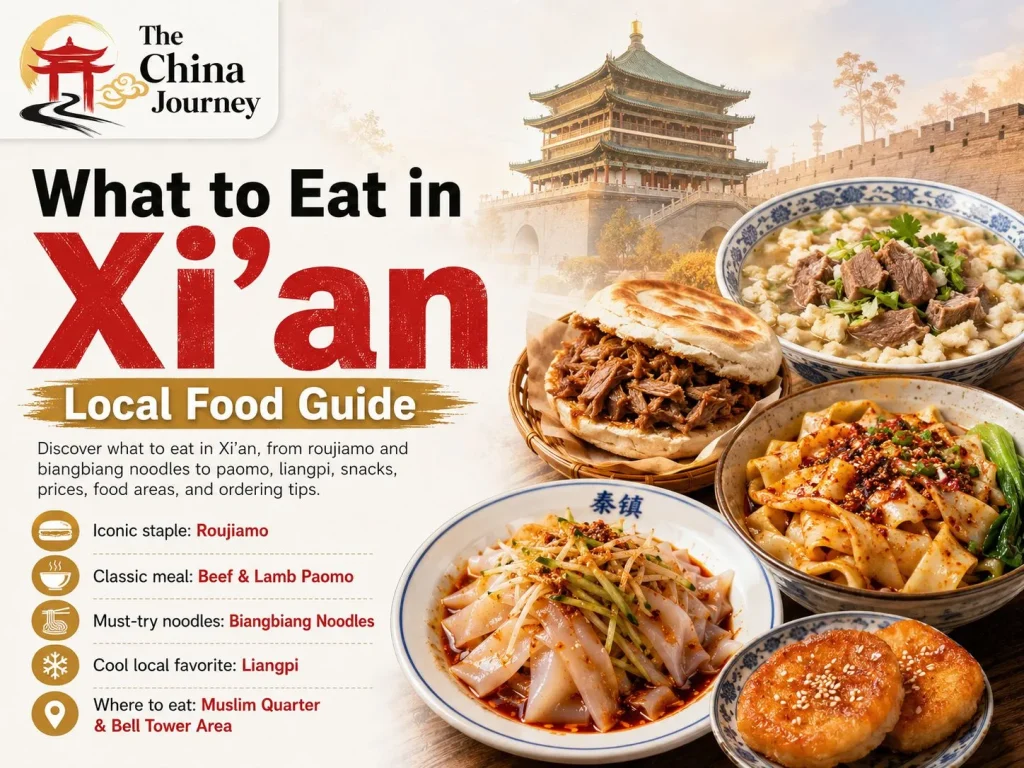 What to Eat in Xian guide cover featuring roujiamo paomo biangbiang noodles and liangpi - What to Eat in Xi’an: Local Food Guide 2026 - The China Journey - Beijing Great Wall 2026 - The China Journey What to Eat in Xian guide cover featuring roujiamo paomo biangbiang noodles and liangpi - What to Eat in Xi’an: Local Food Guide 2026 - The China Journey - Beijing Great Wall 2026 - The China Journey