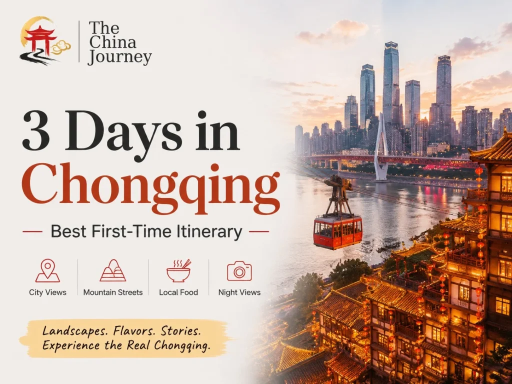 The China Journey logo with 3 Days in Chongqing first time itinerary city skyline cableway and night view highlights travel guide cover