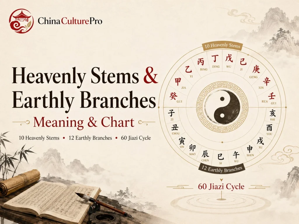 Heavenly Stems and Earthly Branches chart with 60 Jiazi cycle Taijitu and Chinese calendar symbols