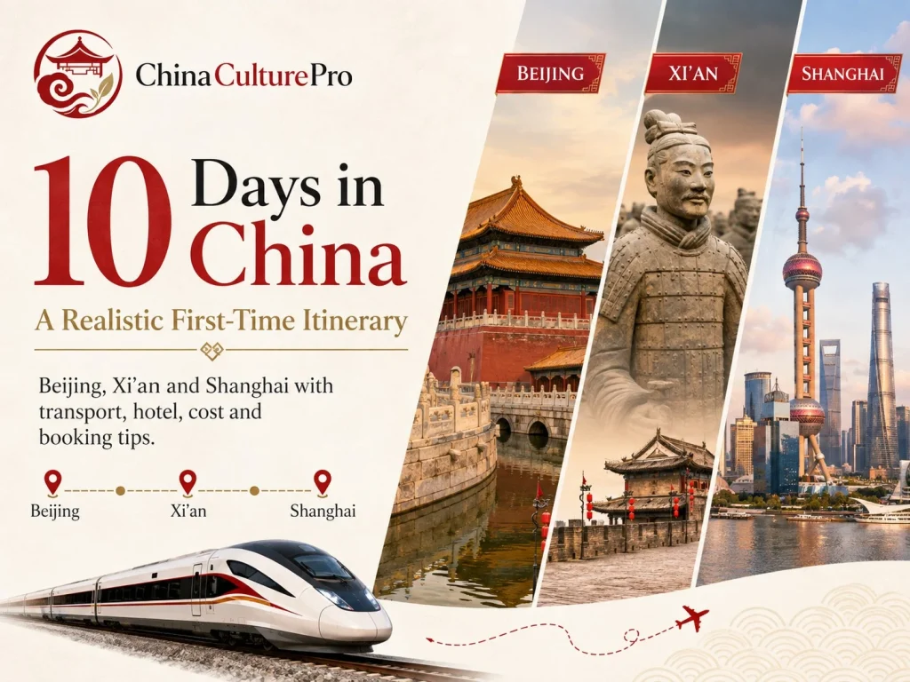 10 Days in China itinerary cover with Beijing Xian Shanghai landmarks and high speed train
