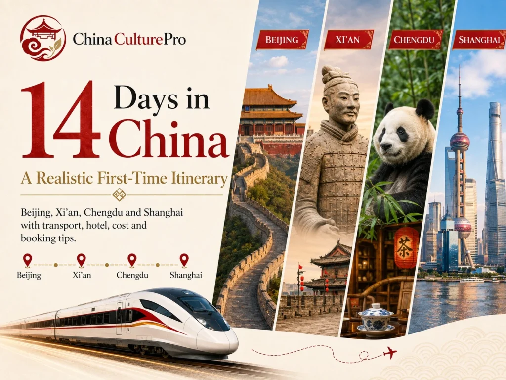 14 Days in China itinerary cover with Beijing Xian Chengdu Shanghai landmarks panda and high speed train