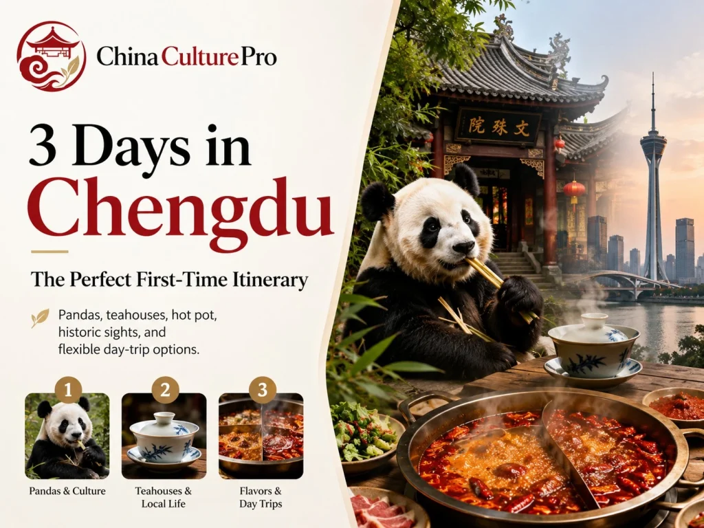 3 Days in Chengdu itinerary guide with panda hot pot teahouse Wenshu Monastery and Chengdu skyline