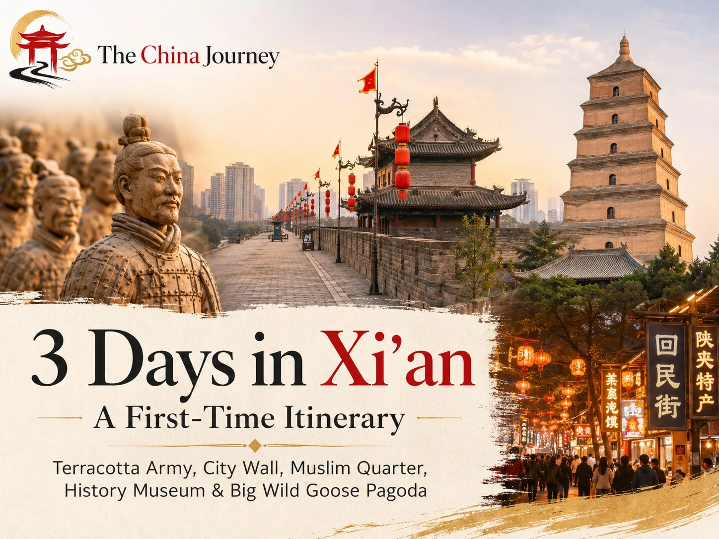 3 Days in Xian itinerary cover with Terracotta Warriors City Wall Muslim Quarter and Big Wild Goose Pagoda
