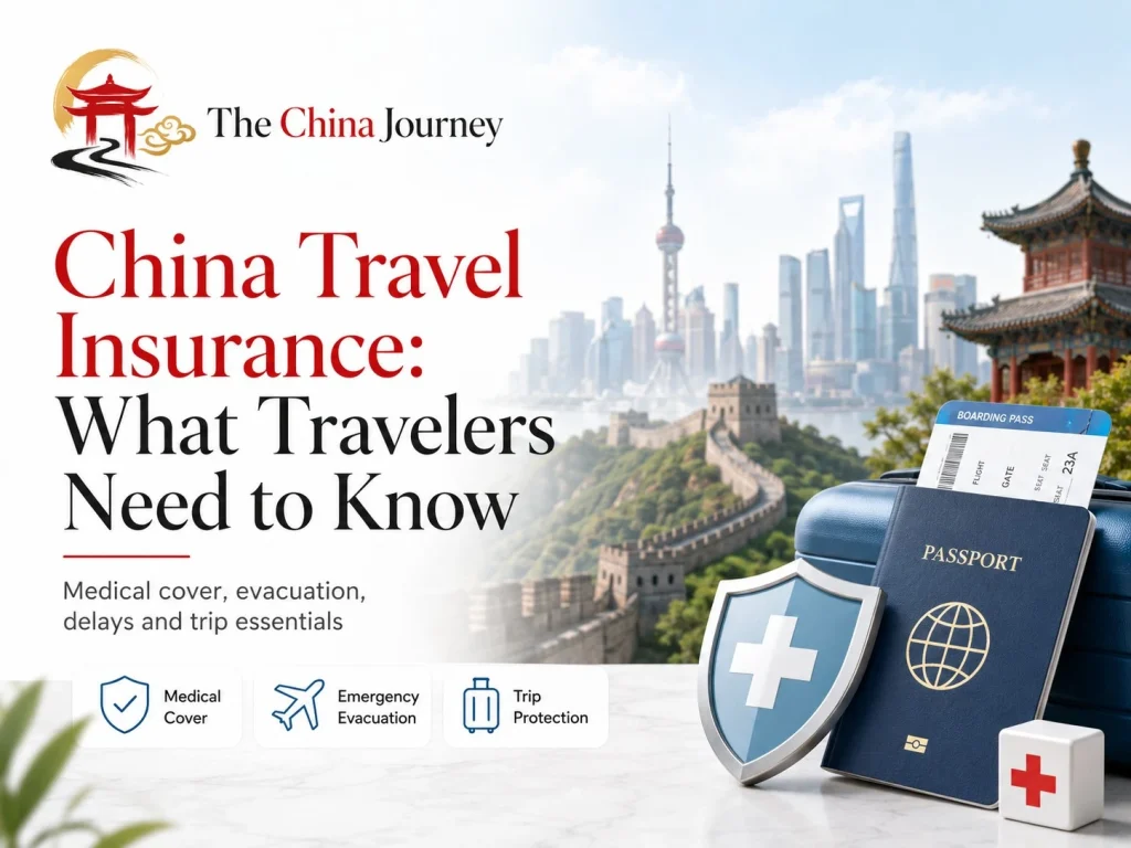 China Travel Insurance What Travelers Need to Know with passport medical shield suitcase and China travel skyline