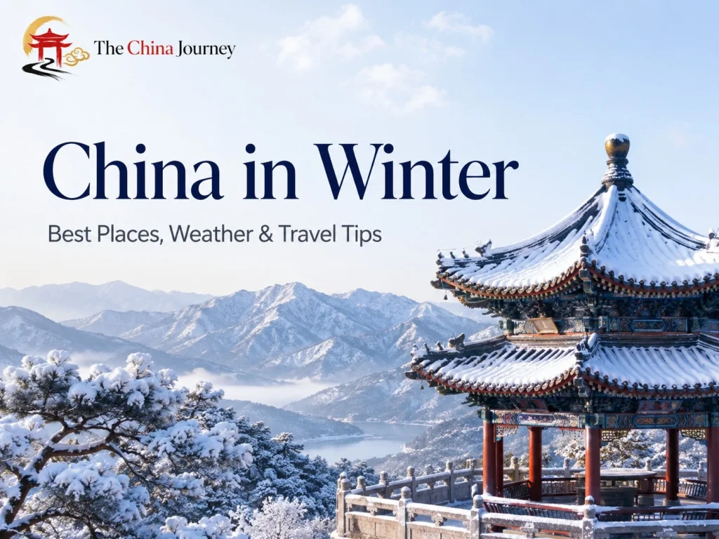 China in Winter Best Places Weather and Travel Tips with snowy Chinese pavilion mountains and winter travel landscape