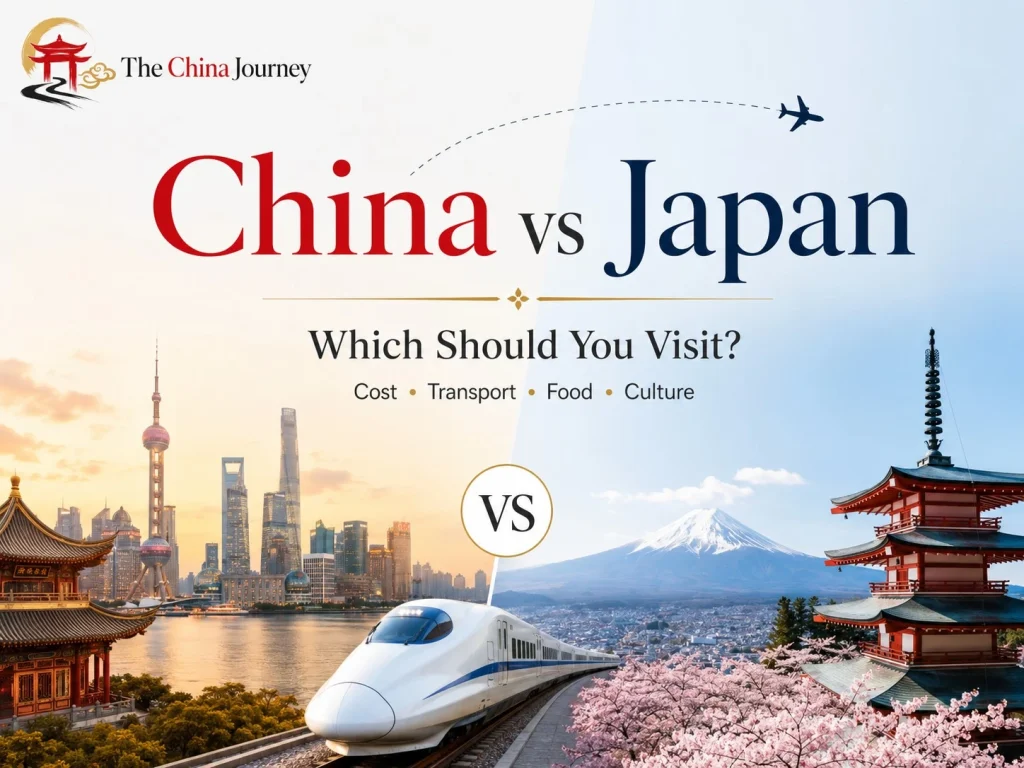 China vs Japan Which Should You Visit with China and Japan landmarks high speed train Mount Fuji and travel comparison design