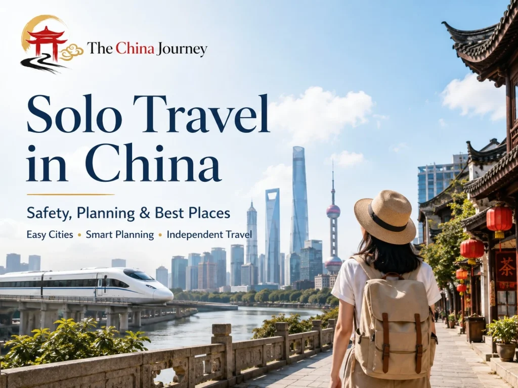 Solo Travel in China Safety Planning Best Places with solo traveler train old town street and Shanghai skyline